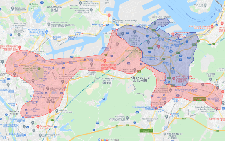 北九州市サービスエリアマップ　小倉北区、戸畑区、八幡東区、八幡西区、中間市