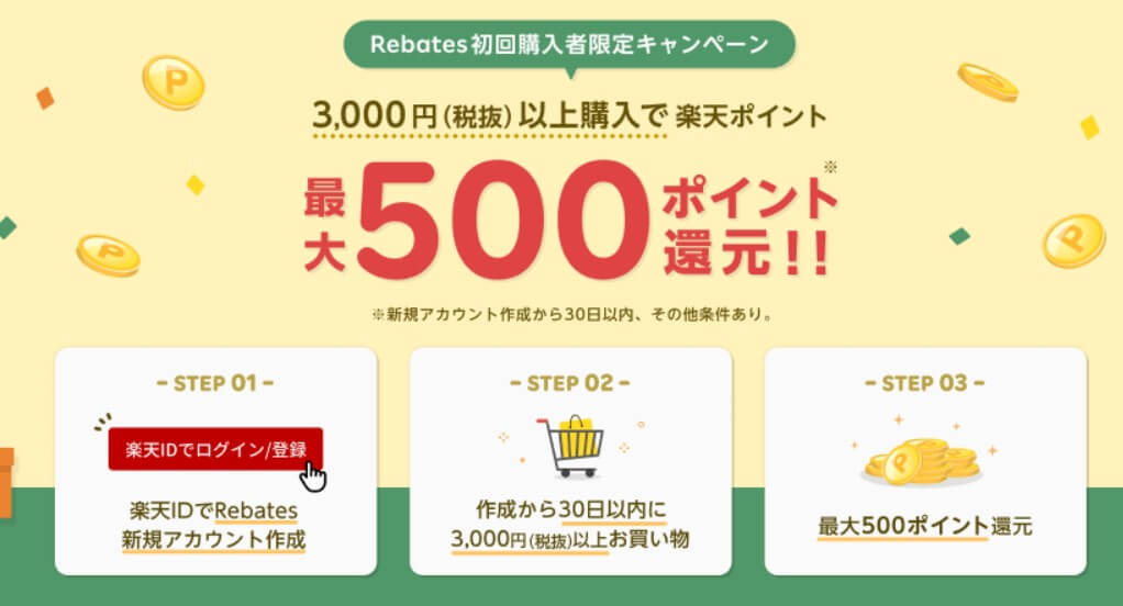 楽天Rebates(リーベイツ)【対象ストアの買い物で最大500ポイント】新規購入限定キャンペーン