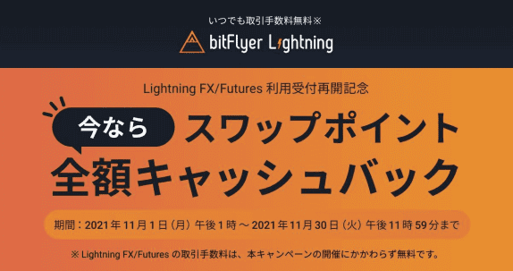 bitFlyer(ビットフライヤー)【スワップポイント全額キャッシュバック】Lightning FX/Futuresキャンペーン