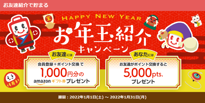 ECナビ【Amazonギフト券1000円分・5000ポイント貰える】お年玉紹介キャンペーン