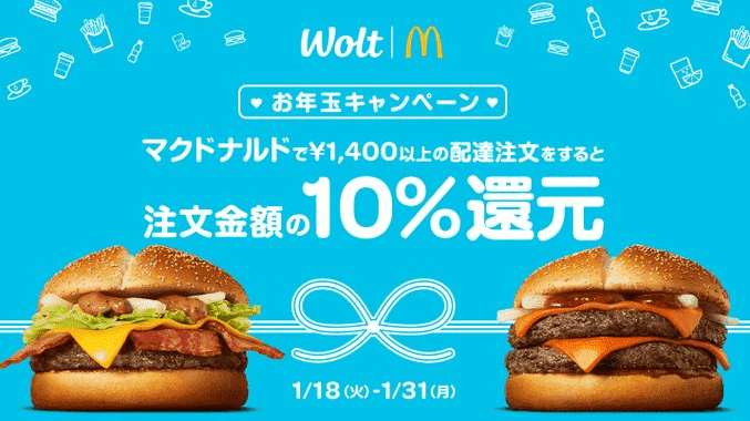 Wolt（ウォルト）【注文金額の10%還元】マクドナルドお年玉キャンペーン