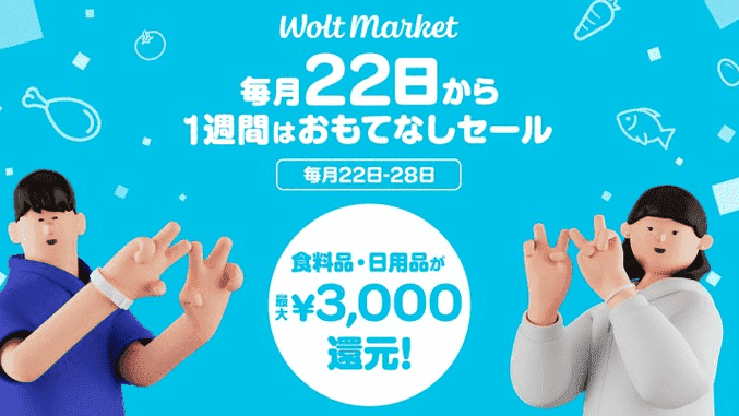Wolt(ウォルト)クーポン不要【最大3000円分還元】Wolt Marketキャンペーン