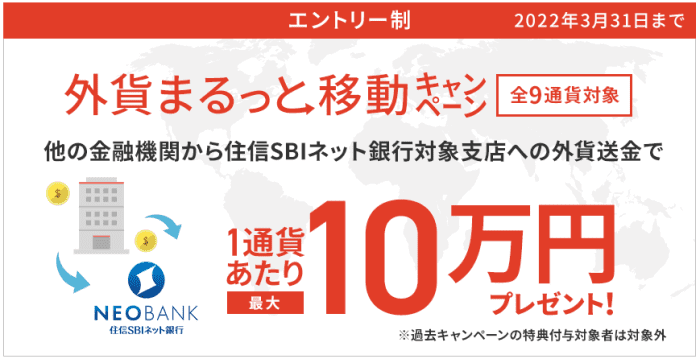 住信SBIネット銀行・外貨送金受取サービスで1通貨あたり最大10万円貰えるキャンペーン