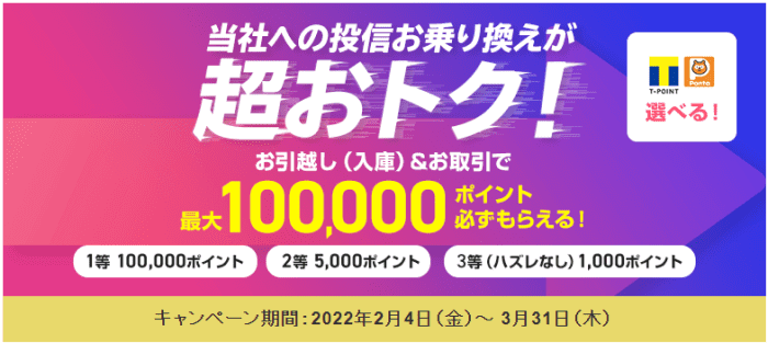 SBI証券・投信乗り換えで最大100000ポイント当たる！ハズレ無しキャンペーン