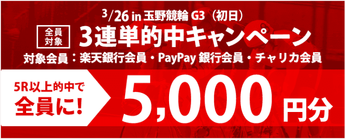 チャリカ/チャリロトクーポン不要キャンペーン【5R以上的中者全員に5000円分還元】瀬戸の王子杯争奪戦