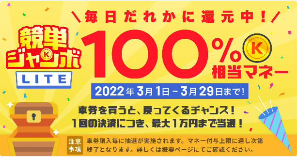 競単クーポン不要キャンペーン【毎日誰かに100%相当マネー還元中】競単ジャンボ