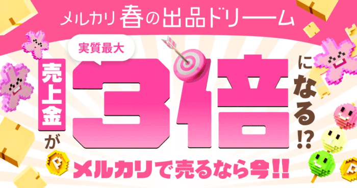 メルカリ/メルペイクーポン不要キャンペーン・期間中出品して売れると売上金実質3倍が当たる