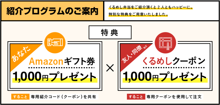 くるめし弁当キャンペーン・クーポン1000円分貰える/紹介するとAmazonギフト券1000円分【友だち紹介】