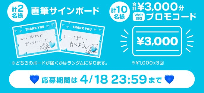 Wolt(ウォルト)キャンペーン3000円クーポンや水川あさみ/田中圭の直筆サインボードが当たる！