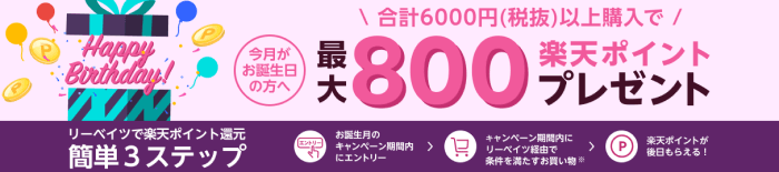 楽天Rebates(リーベイツ)クーポン不要キャンペーン【最大800ポイント貰える】今月の誕生日