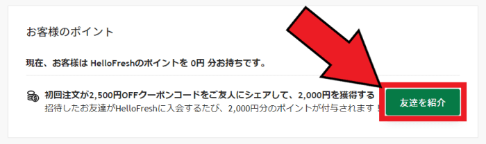 HelloFresh(ハローフレッシュ)友達紹介クーポンキャンペーン【1人紹介で2000ポイント貰える】