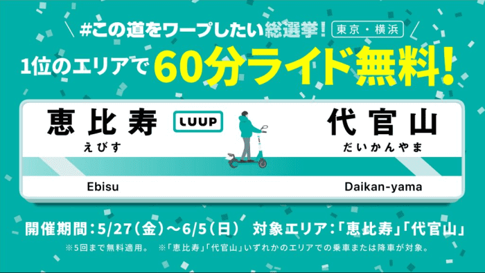 LUUP(ループ)60分ライド無料キャンペーン【総選挙1位エリア】関東「恵比寿」「代官山」
