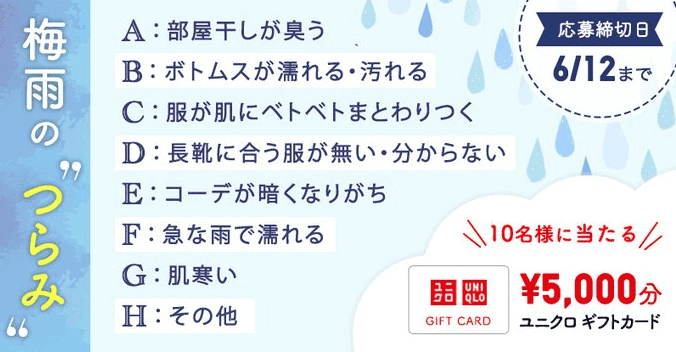 UNIQLO(ユニクロ)5000円分クーポンが当たるツイッターキャンペーン【梅雨のつらみ投稿】