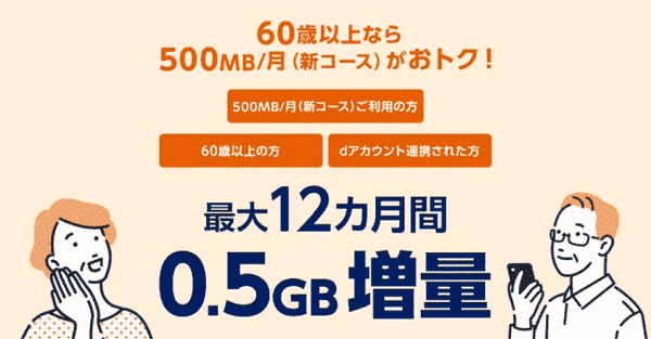 OCNモバイルONE(オーシーエヌモバイルワン)60歳以上なら最大12ヵ月0.5GB増量！新プラン500MB/月キャンペーン