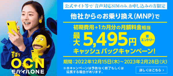 最大5495円キャッシュバック乗り換えキャンペーン！音声対応SIMのみ申し込みの方限定