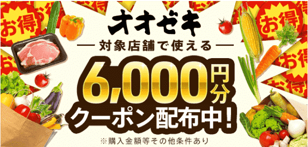 menu(メニュー)のキャンペーンでオオゼキ6000円分クーポンコード配布中