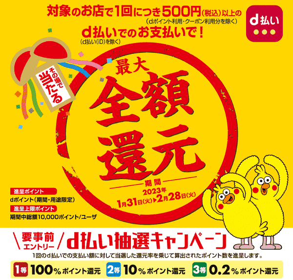 【2月28日まで】dポイント最大全額還元があたるはずれ無しくじ