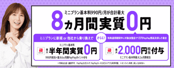 ミニプラン最大半年間実質無料になる新規契約/乗り換えキャンペーン