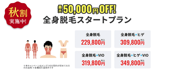 【メンズリゼキャンペーン】全身脱毛最大50000円オフ秋割