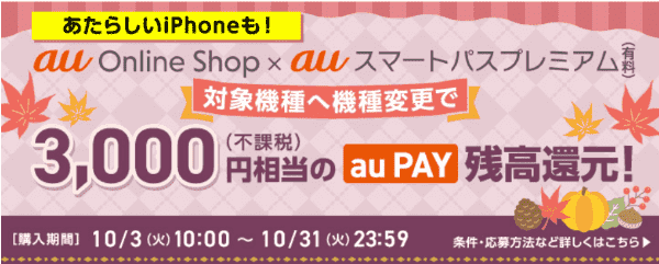 【auオンラインショップ機種変更】3000円相当auPAY還元クーポン