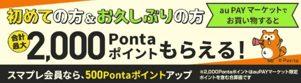 au PAYマーケット初回合計最大2500ポイント+半額クーポン