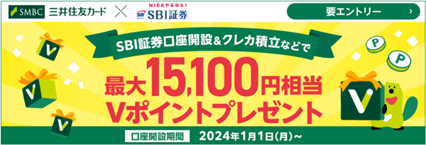 三井住友カードSBI証券口座開設&クレカ積立キャンペーン最大15100円相当プレゼント