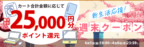 ノジマオンライン【週末クーポン】最大合計25000円分ポイント還元