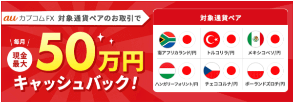 auカブコム証券【毎月キャンペーン】高金利通貨ペア取引で最大50万円キャッシュバック